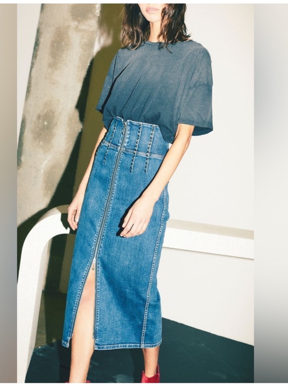 $278 Current/Elliott The Trilby Bead Detail Pencil Skirt Denim midi skirt 30
